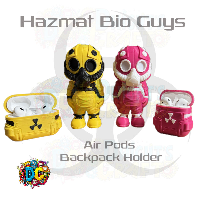 Two colorful backpack holders with gas mask designs and 'Hazmat Bio Guys' branding.