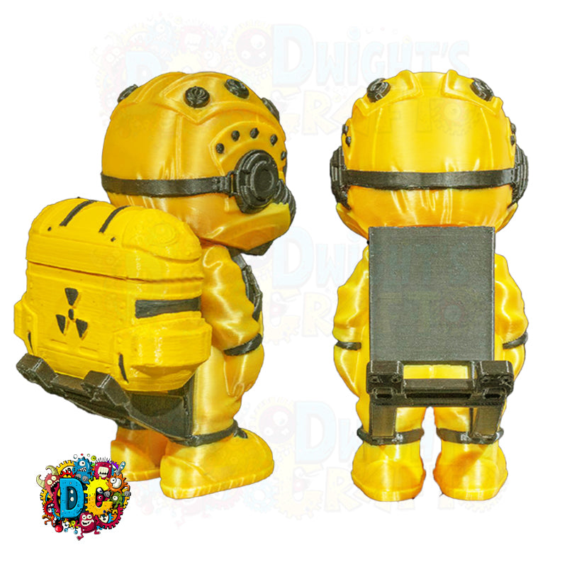 Yellow character figure with a radiation symbol on a white background