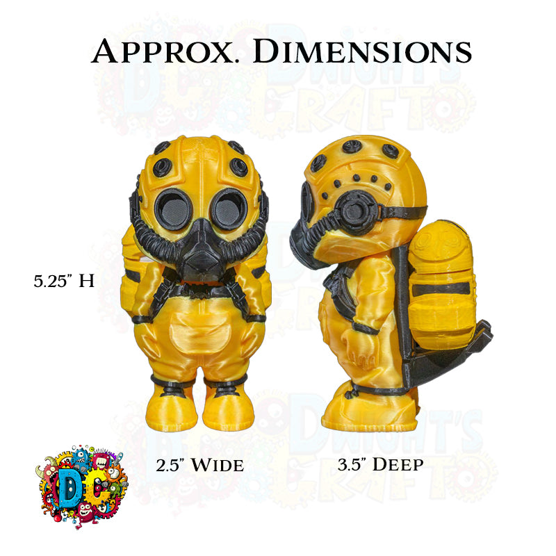 Two yellow figures in hazmat suits with dimensions labeled on a white background