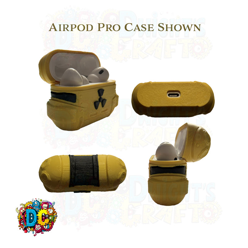 Yellow Airpod Pro case with radiation symbol on a white background