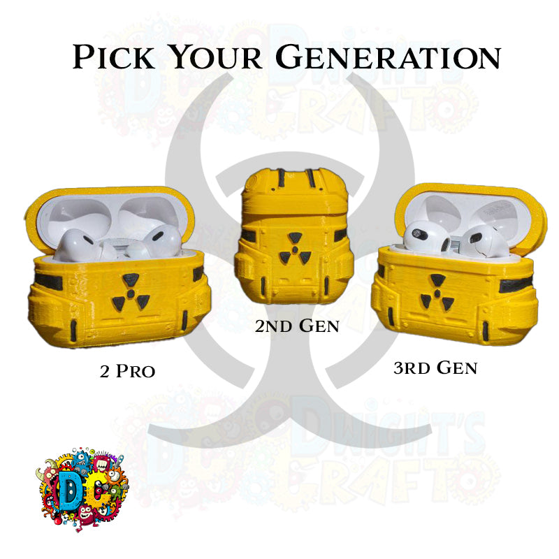 Yellow case for Apple AirPods with 'Pick Your Generation' text and three generations labeled.