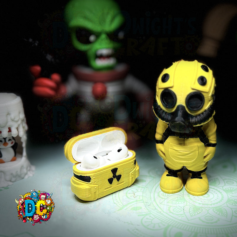 Yellow gas mask-themed case for wireless earbuds with a character in the background.