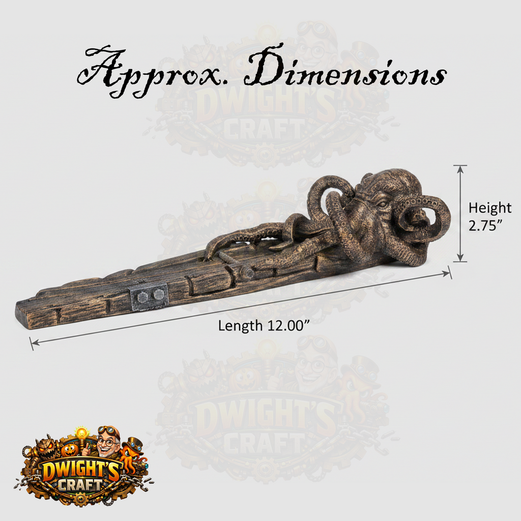 An octopus-shaped metal wall hook with a rustic bronze finish, shown with dimension lines indicating a length of 12.00 inches and a height of 2.