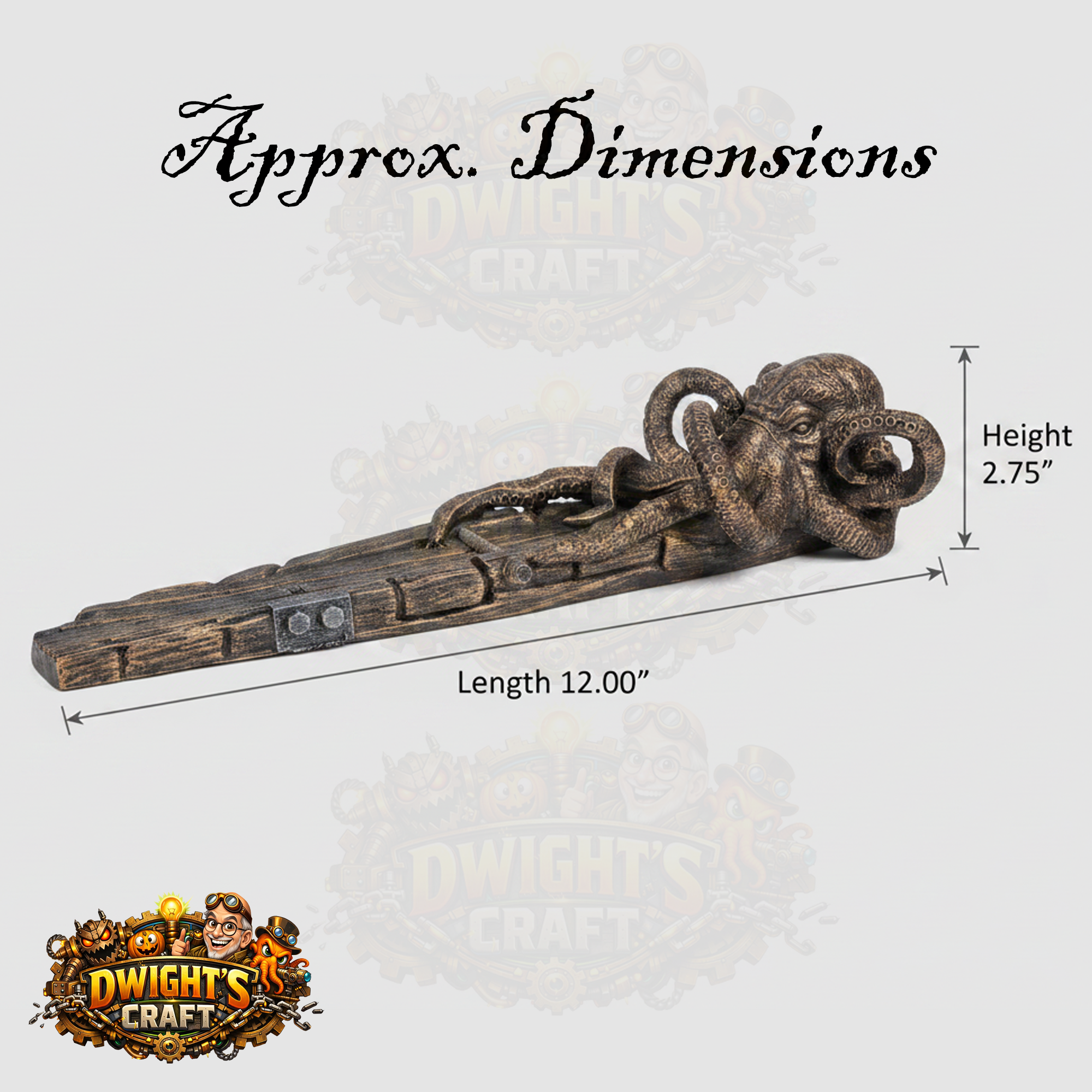 An octopus-shaped metal wall hook with a rustic bronze finish, shown with dimension lines indicating a length of 12.00 inches and a height of 2.
