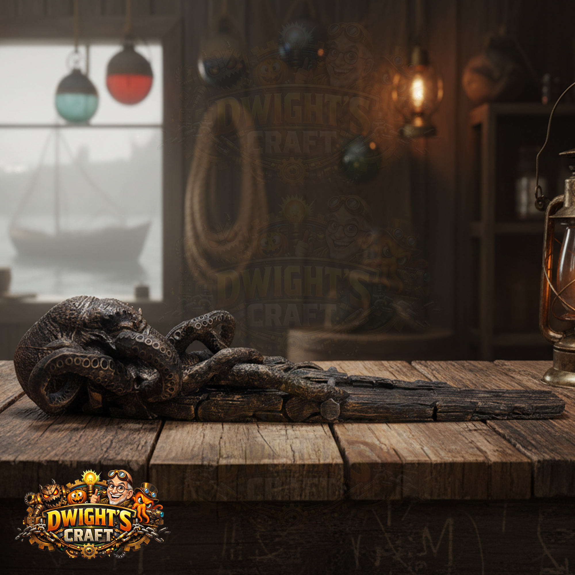 A dark carved wooden octopus figurine with detailed tentacles and a weathered finish, displayed on a rustic wooden table in a dimly lit cabin setting. The background features a window with a foggy view, hanging lanterns, and a coiled rope, with 'Dwight's Craft' branding visible on the wall and as a logo overlay in the bottom left corner.