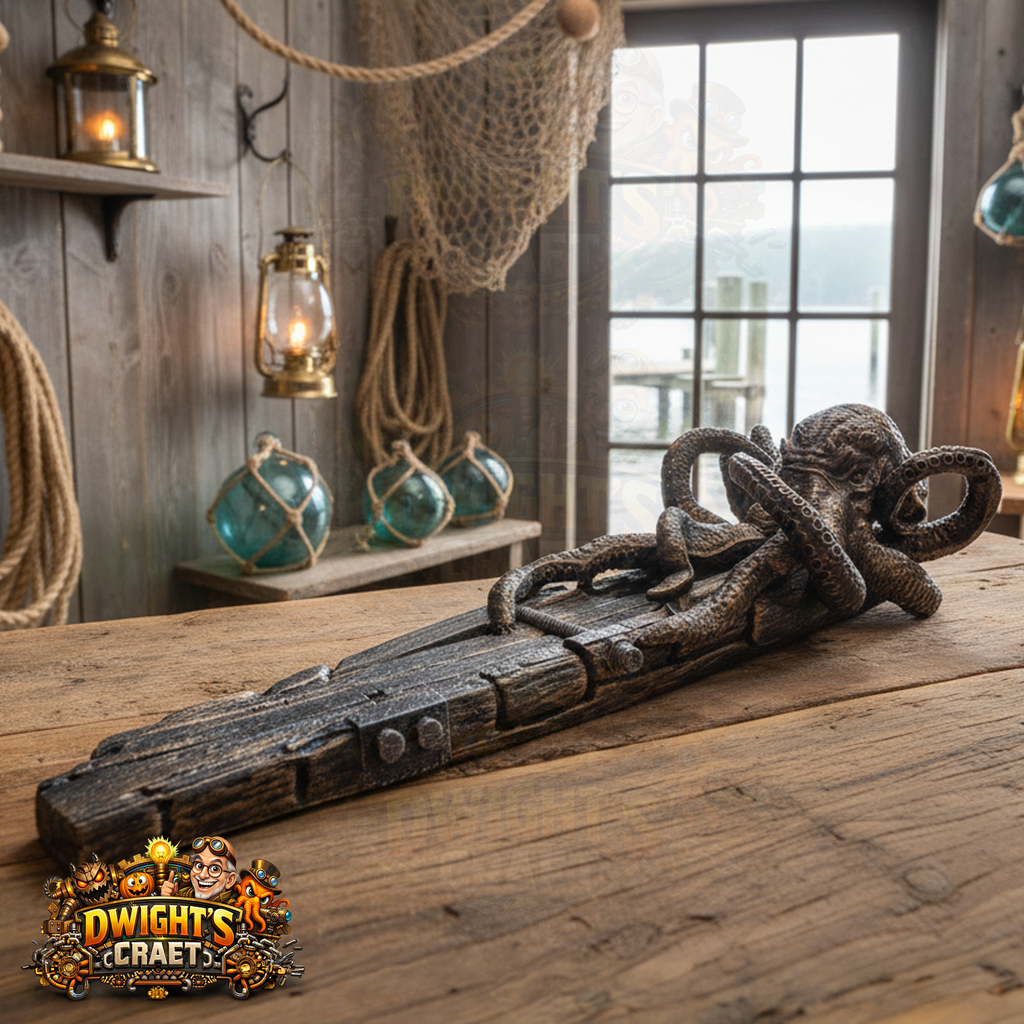 A rustic metal wall hook shaped like a gripping octopus, displayed on a wooden table in a nautical-themed room with lanterns, ropes, and a window.