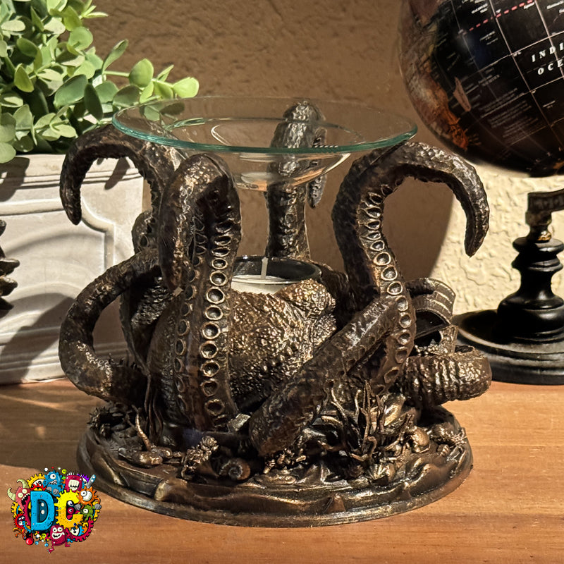 Decorative octopus sculpture with a glass top on a wooden surface