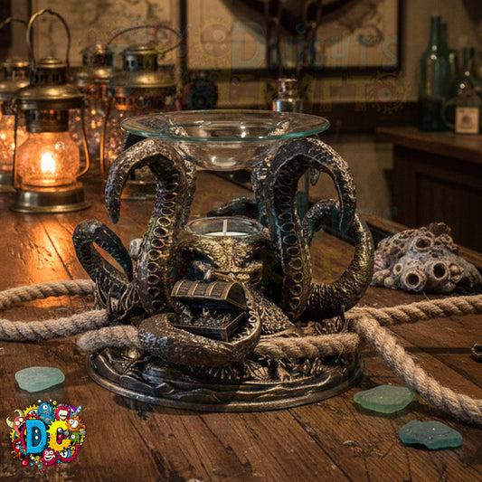 Decorative octopus candle holder on a wooden surface with lanterns in the background