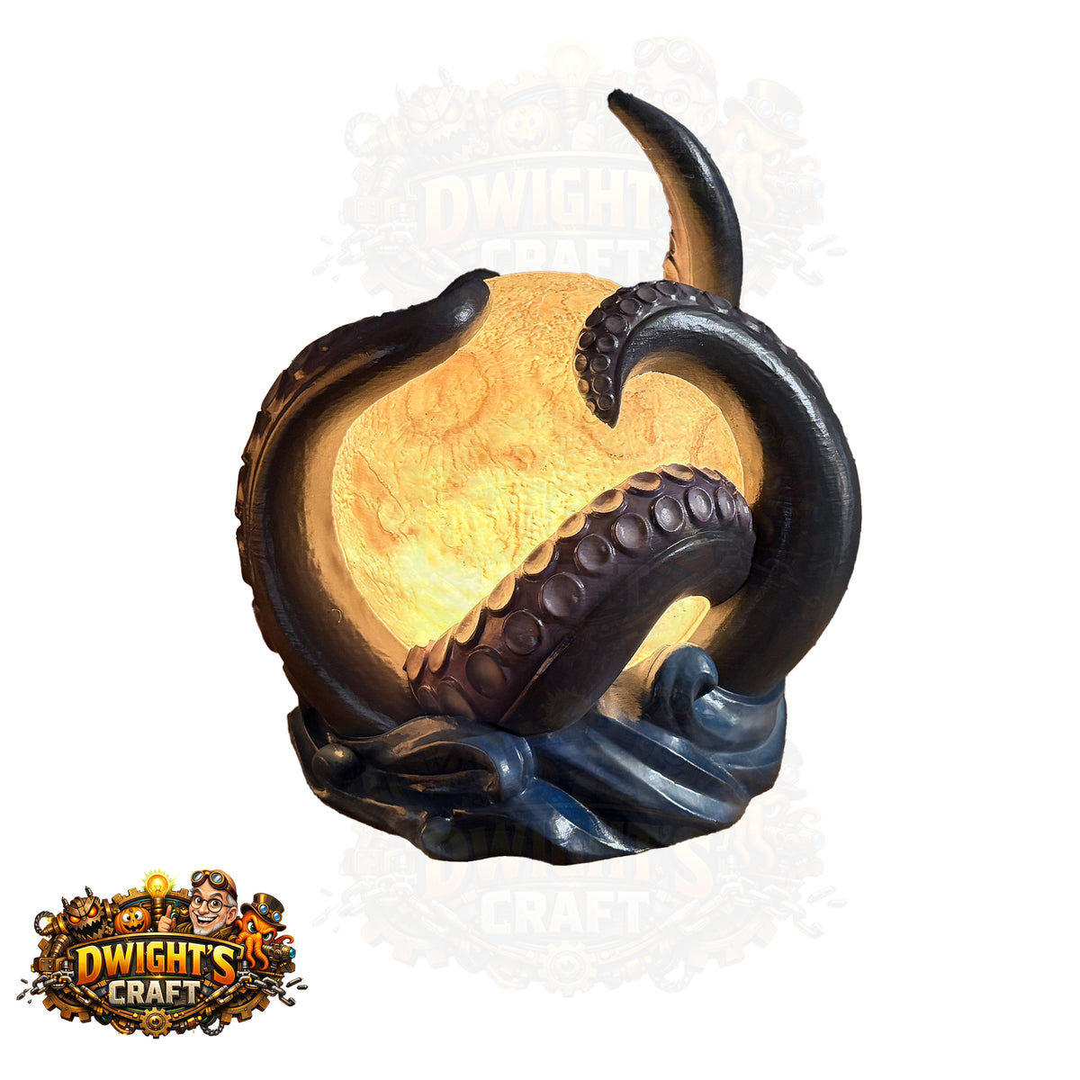 A fantasy lamp shaped like an octopus tentacle wrapping around a glowing yellow moon, with a dark base and visible suction cups, shown on a white background with Dwight's Craft branding.