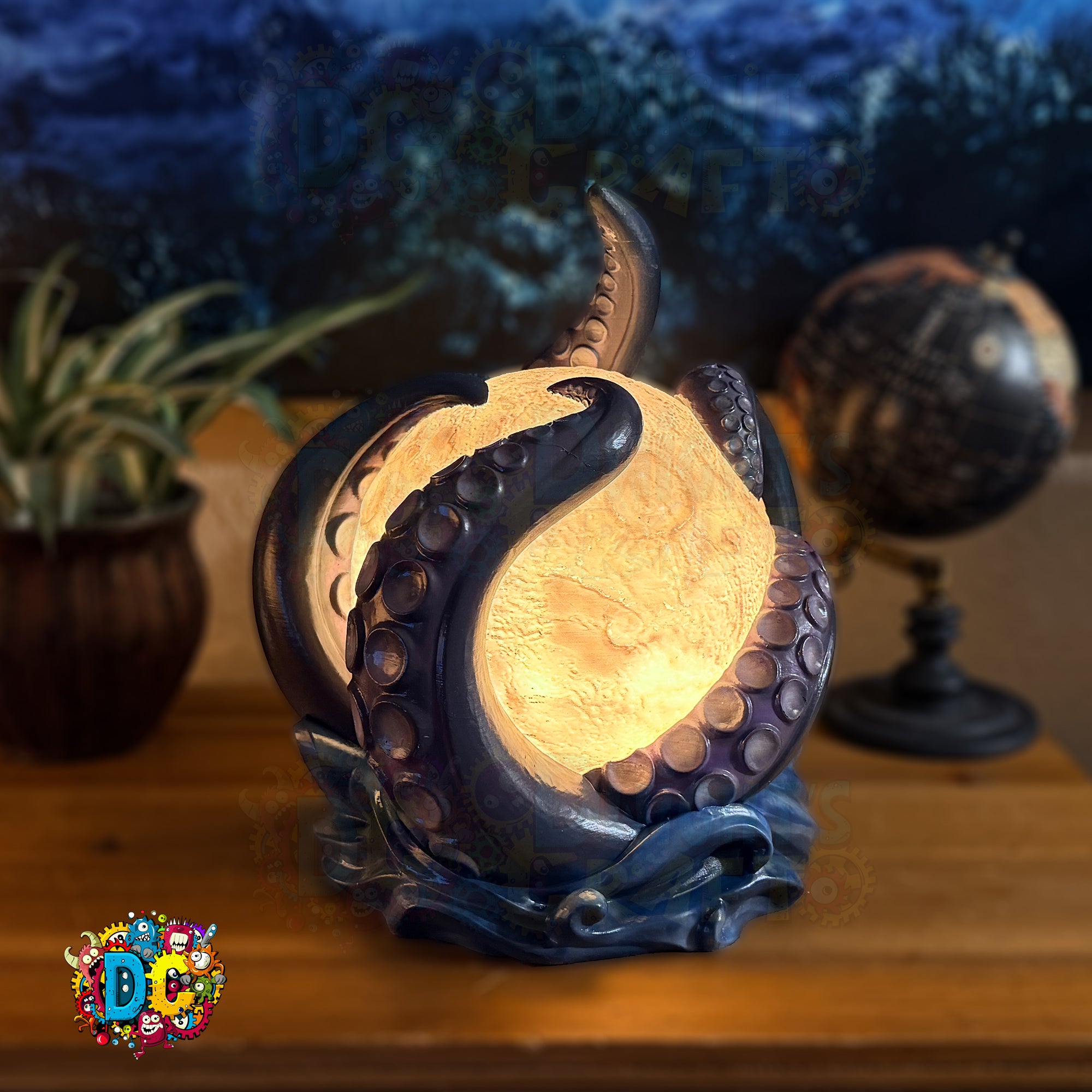Decorative lamp shaped like an octopus with a warm glow, placed on a wooden surface with a blurred background.