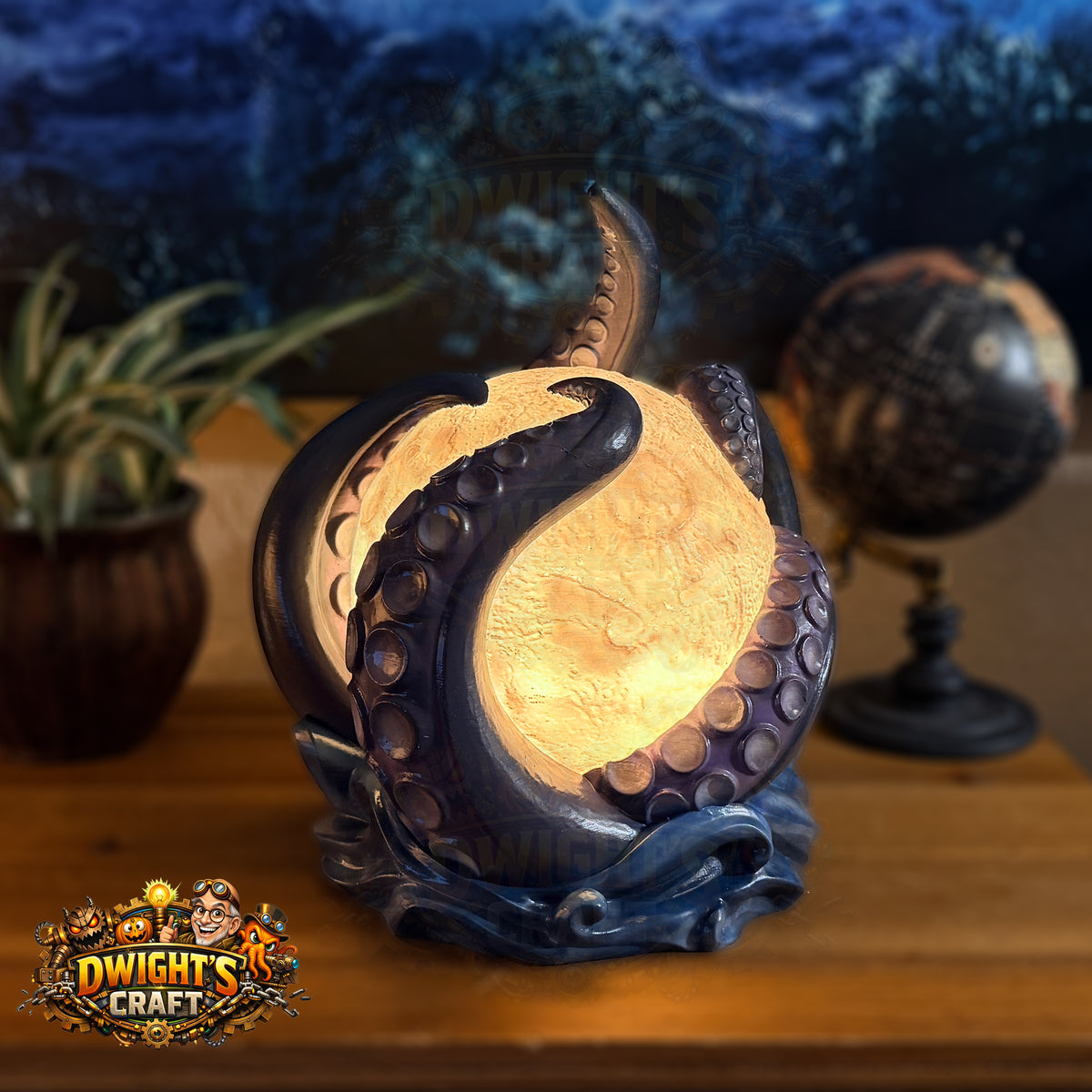 A fantasy octopus lamp glowing with warm light, set on a wooden table with a globe and potted plant in the background. A 'Dwight's Craft' logo is visible in the bottom-left corner.