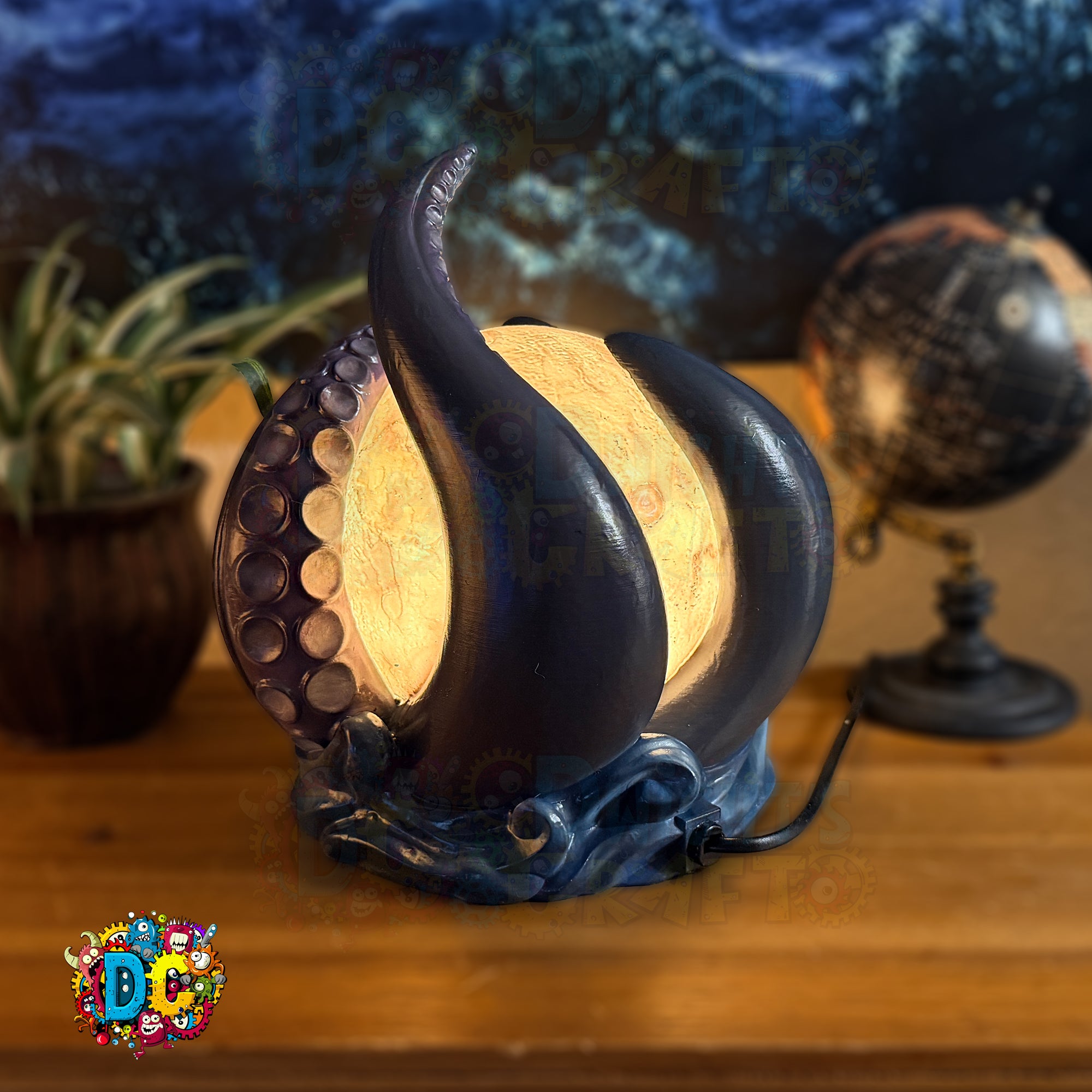 Decorative lamp shaped like a shell with a warm glow, placed on a wooden surface with a blurred background.