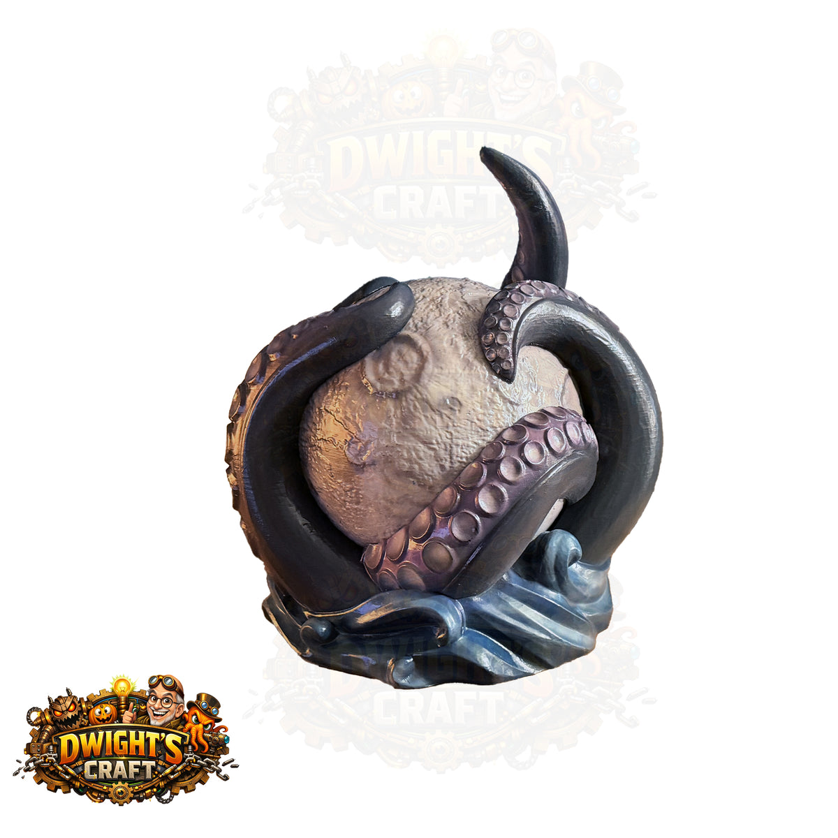 A fantasy collectible figurine of an octopus wrapping around a moon, set against a white background with a faint logo in the background and a clearer 'Dwight's Craft' logo in the bottom-left corner.