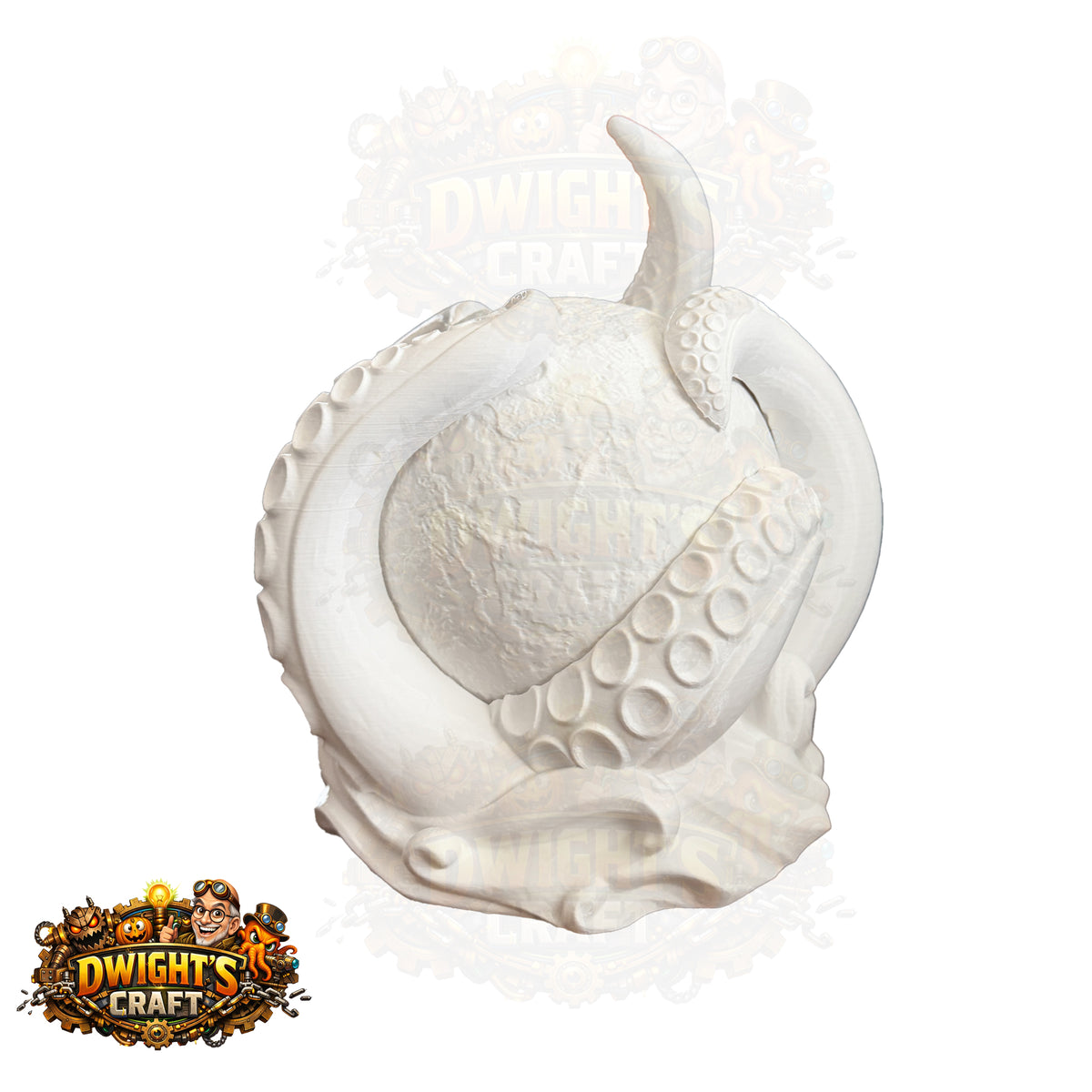 A white resin figurine of an octopus wrapping around a spherical creature, displayed on a clean white background with 'Dwight's Craft' branding.