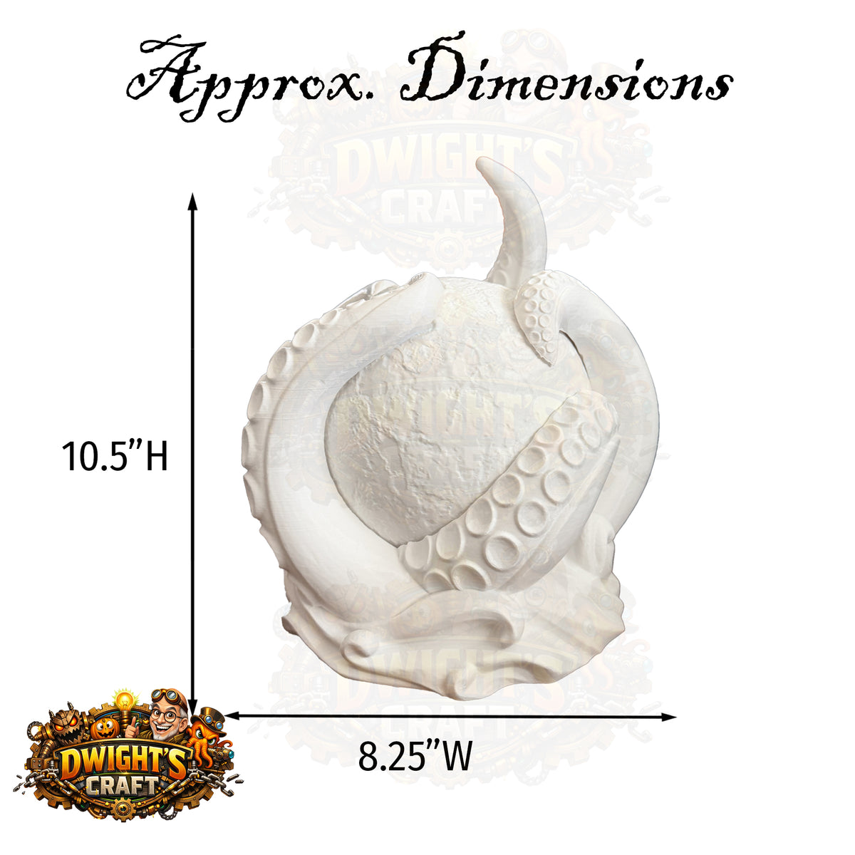 A white octopus-shaped decorative sculpture shown with dimension arrows and labels reading 10.5" high and 8.
