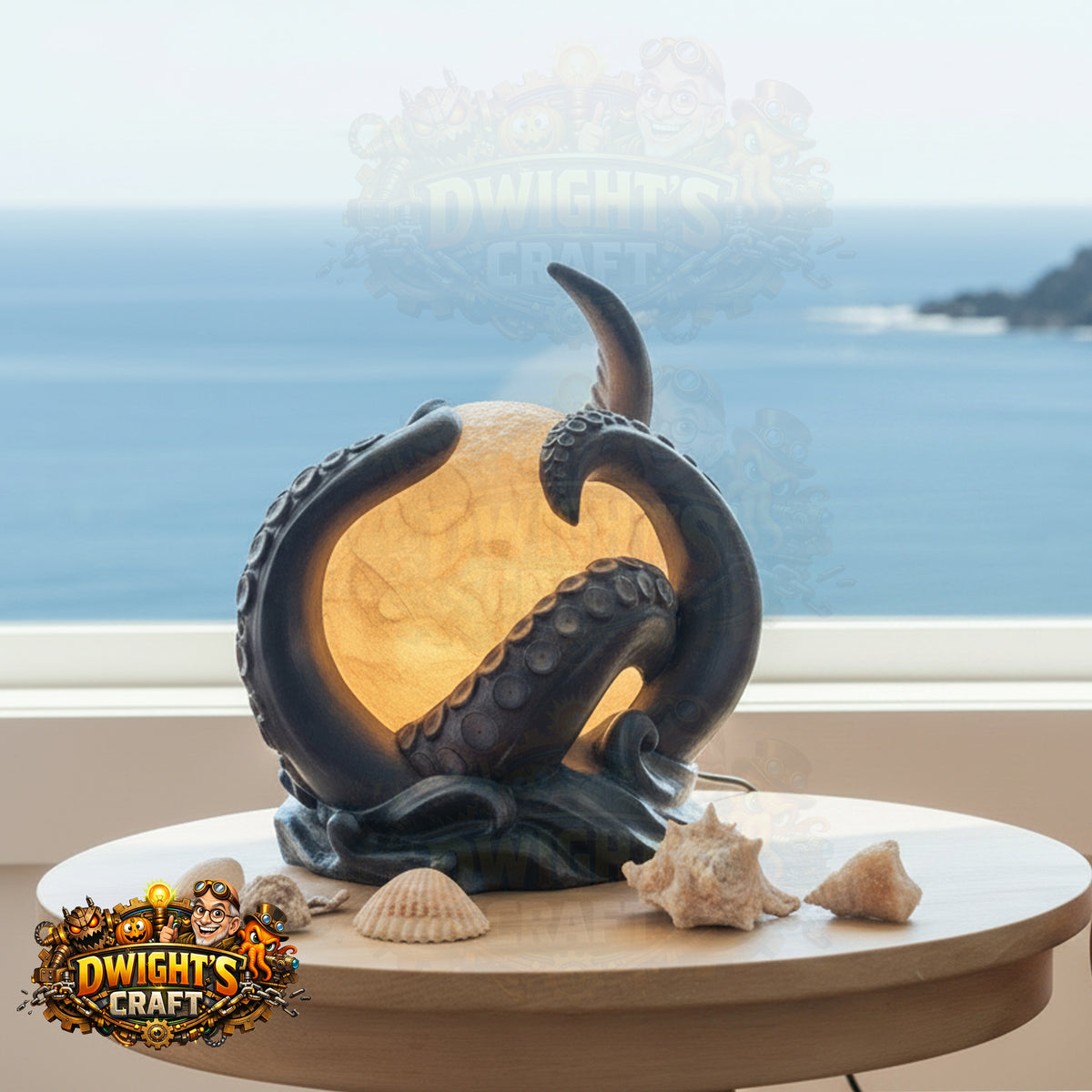 A fantasy octopus lamp with dark textured tentacles surrounding a glowing warm yellow-orange sphere, displayed on a round wooden table with seashells and a blurred ocean window background. A 'Dwight's Craft' logo is visible in the lower-left corner.