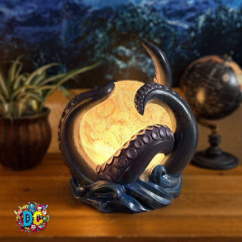 Decorative lamp with octopus design on a wooden surface