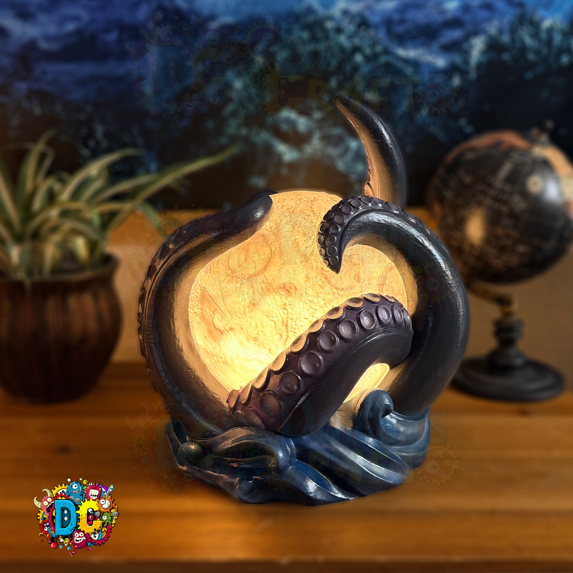 Decorative lamp with octopus design on a wooden surface