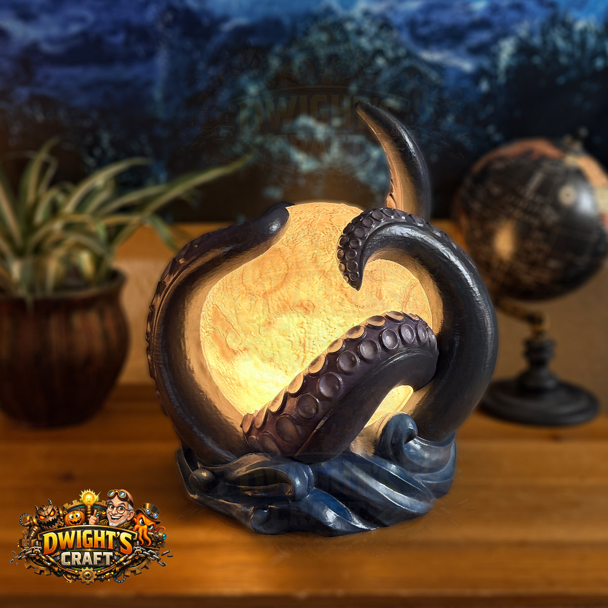 A fantasy octopus lamp with dark blue tentacles wrapping around a glowing yellow moon globe, displayed on a wooden shelf with a potted plant and globe in the background. A 'Dwight's Craft' logo is visible in the bottom-left corner.