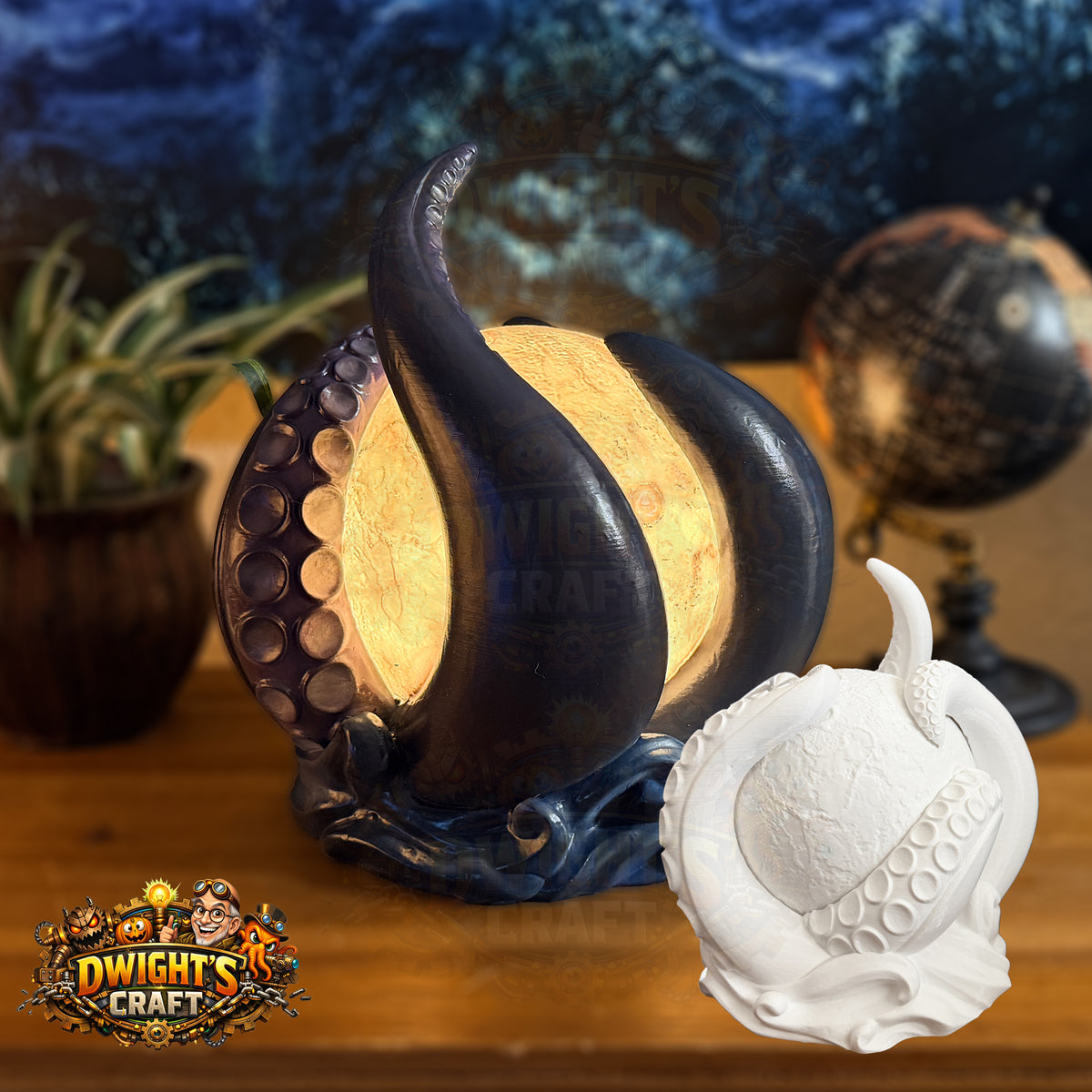 A fantasy octopus-themed night light and its unpainted white replica base, displayed on a wooden table with a themed blue background. The night light is illuminated from within, showing a glowing yellow-orange interior, while the white replica sits in the foreground.