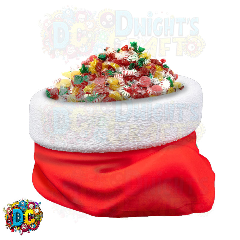 Decorative pillow with colorful candy top and red base on a white background