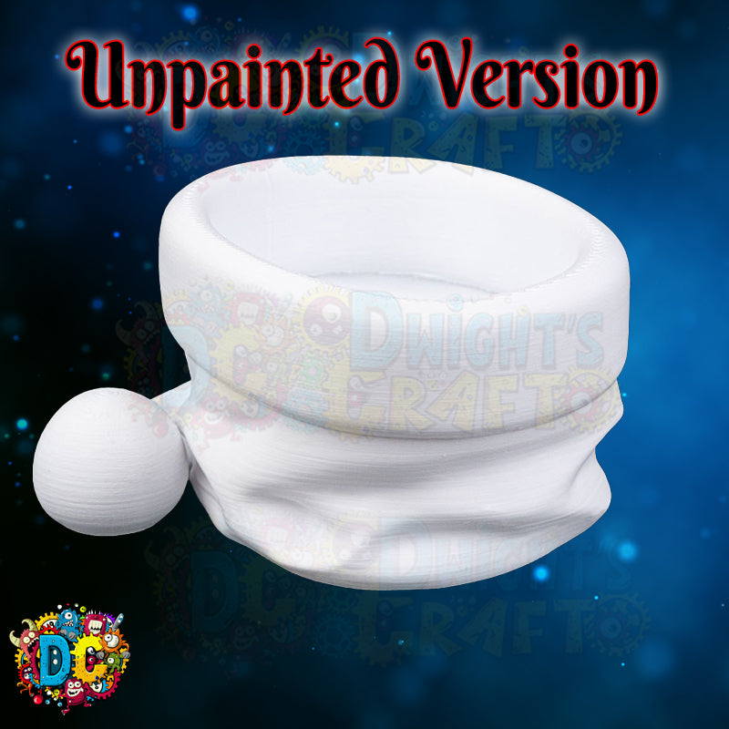 Unpainted version of a white object with text on a dark blue background