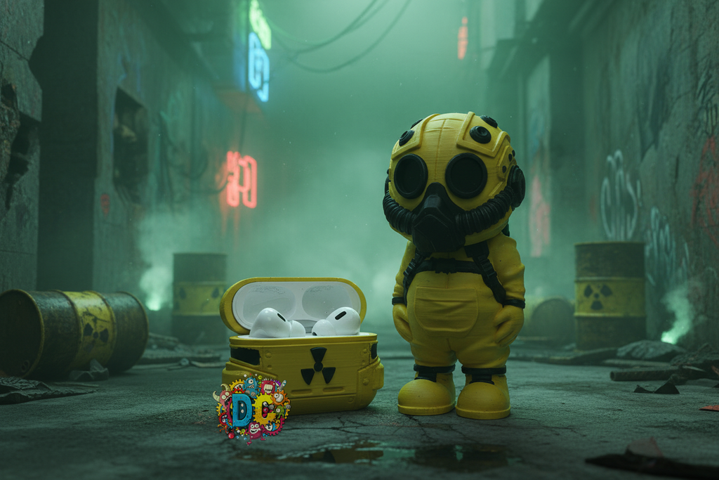 Person in a yellow hazmat suit standing in a foggy, post-apocalyptic alley with a box of eggs.