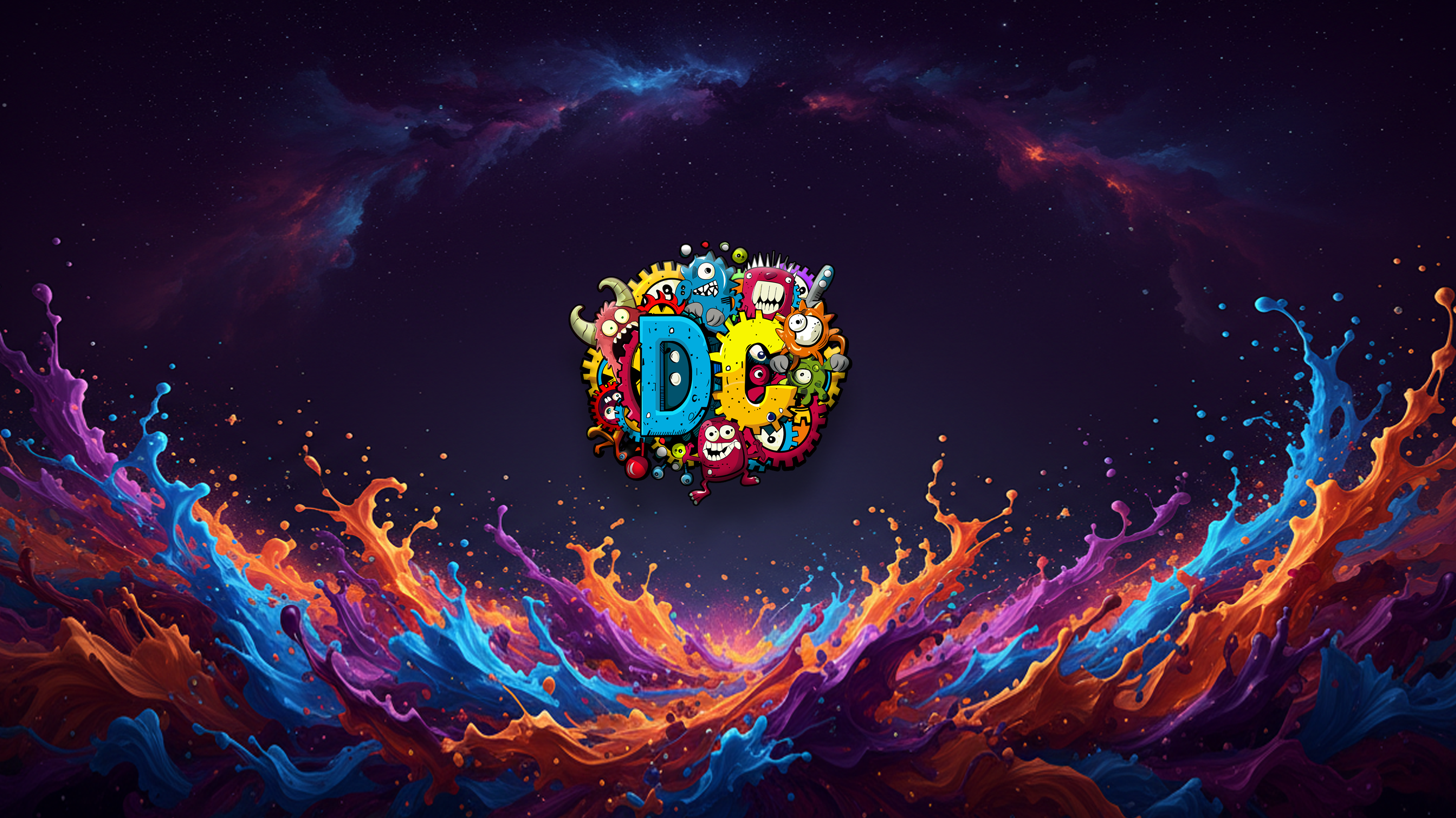 Colorful logo with abstract fiery design on a dark background