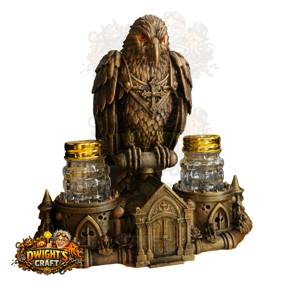 Gothic Raven Mausoleum Salt & Pepper Shaker Set – Hand-Painted Faux Bronze