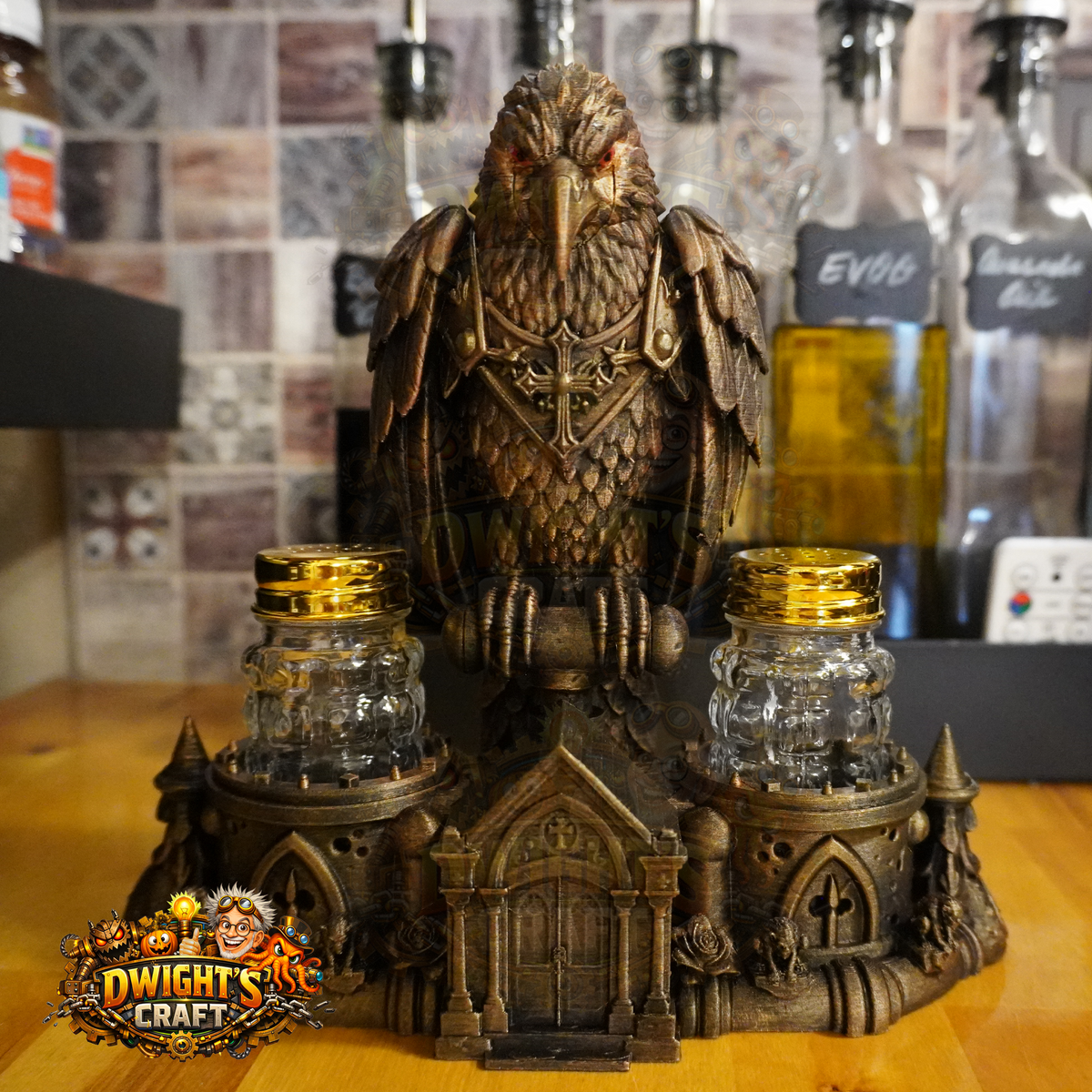 Gothic Raven Mausoleum Salt & Pepper Shaker Set – Hand-Painted Faux Bronze