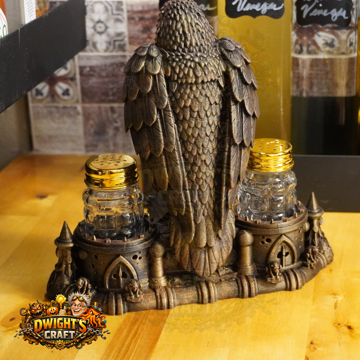 Gothic Raven Mausoleum Salt & Pepper Shaker Set – Hand-Painted Faux Bronze
