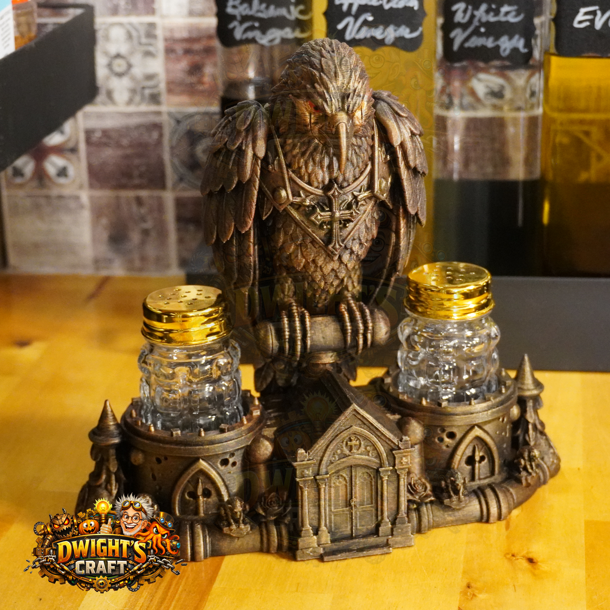 Gothic Raven Mausoleum Salt & Pepper Shaker Set – Hand-Painted Faux Bronze
