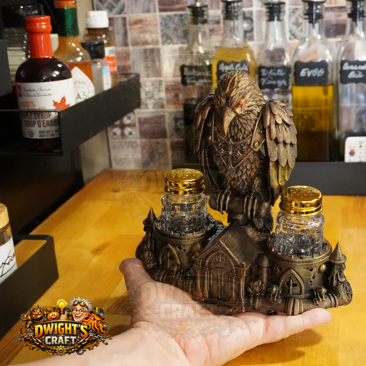 Gothic Raven Mausoleum Salt & Pepper Shaker Set – Hand-Painted Faux Bronze