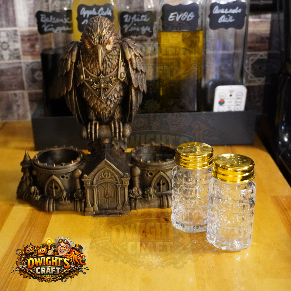 Gothic Raven Mausoleum Salt & Pepper Shaker Set – Hand-Painted Faux Bronze