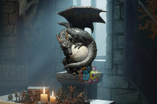 Decorative dragon sculpture on a pedestal with candles and figurines in a stone room.