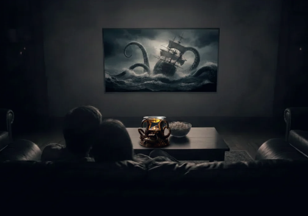 couple on couch watching ocean-based television show with emphasis on the octopus wax warmer on the coffee table which is in dwightscraft.com