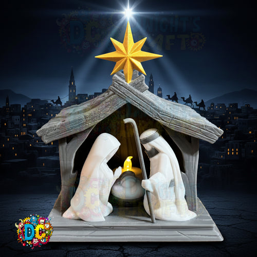 Nativity scene with Mary and Joseph in a stable, illuminated by a bright star against a cityscape background.