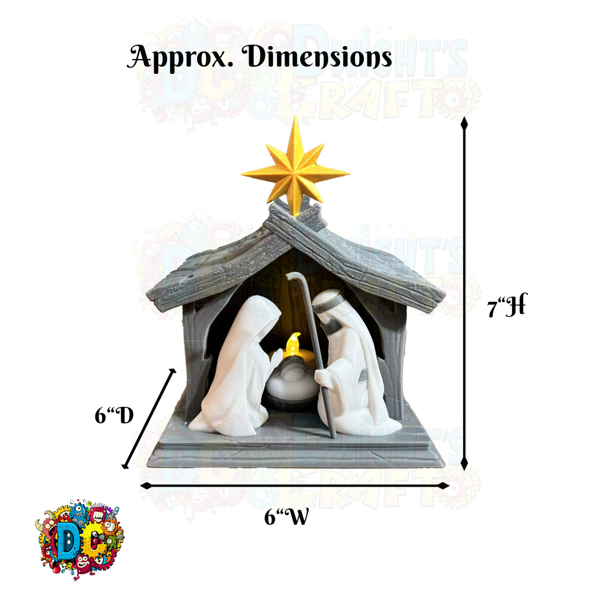 Nativity scene with dimensions labeled on a white background