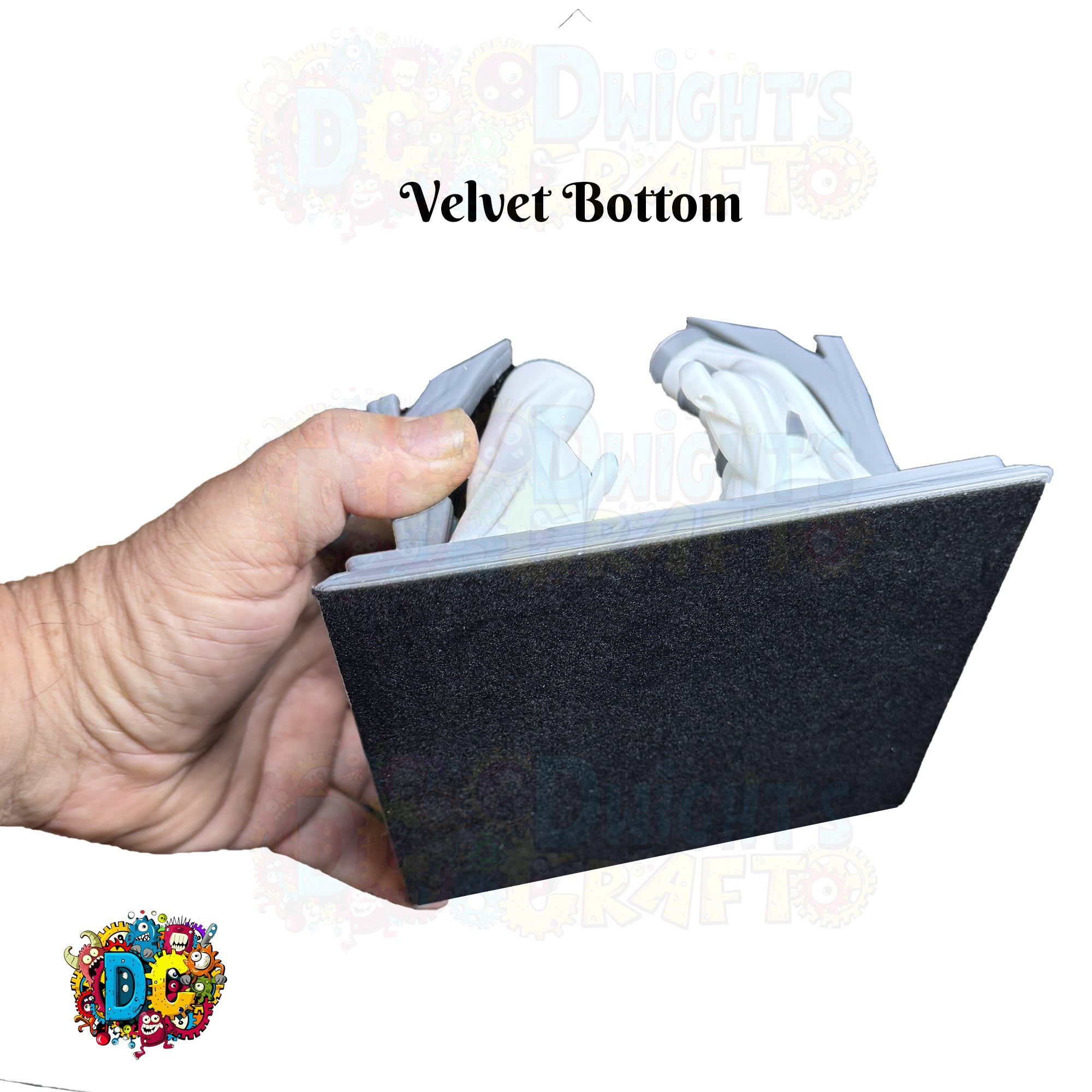 Hand holding a product with 'Velvet Bottom' text and a colorful logo in the corner.