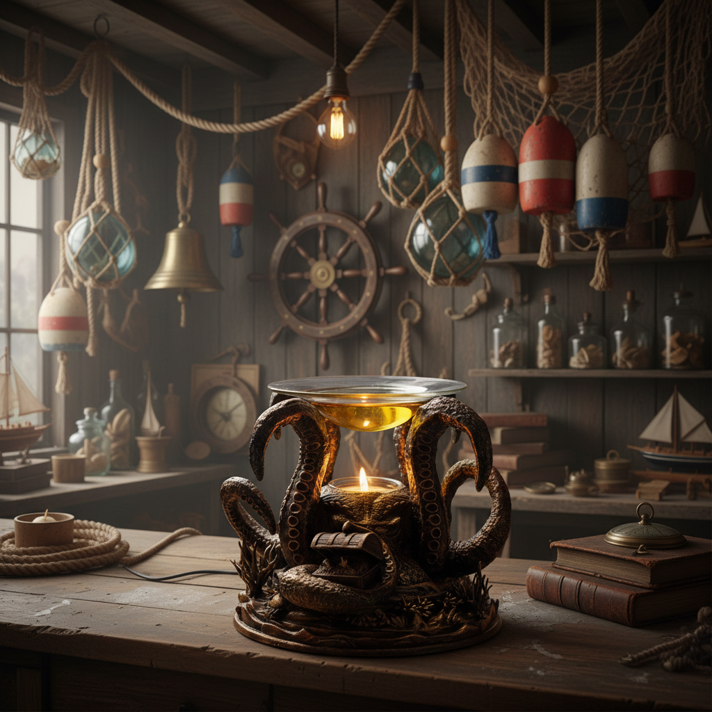 Decorative octopus-shaped candle holder on a wooden table with nautical-themed background