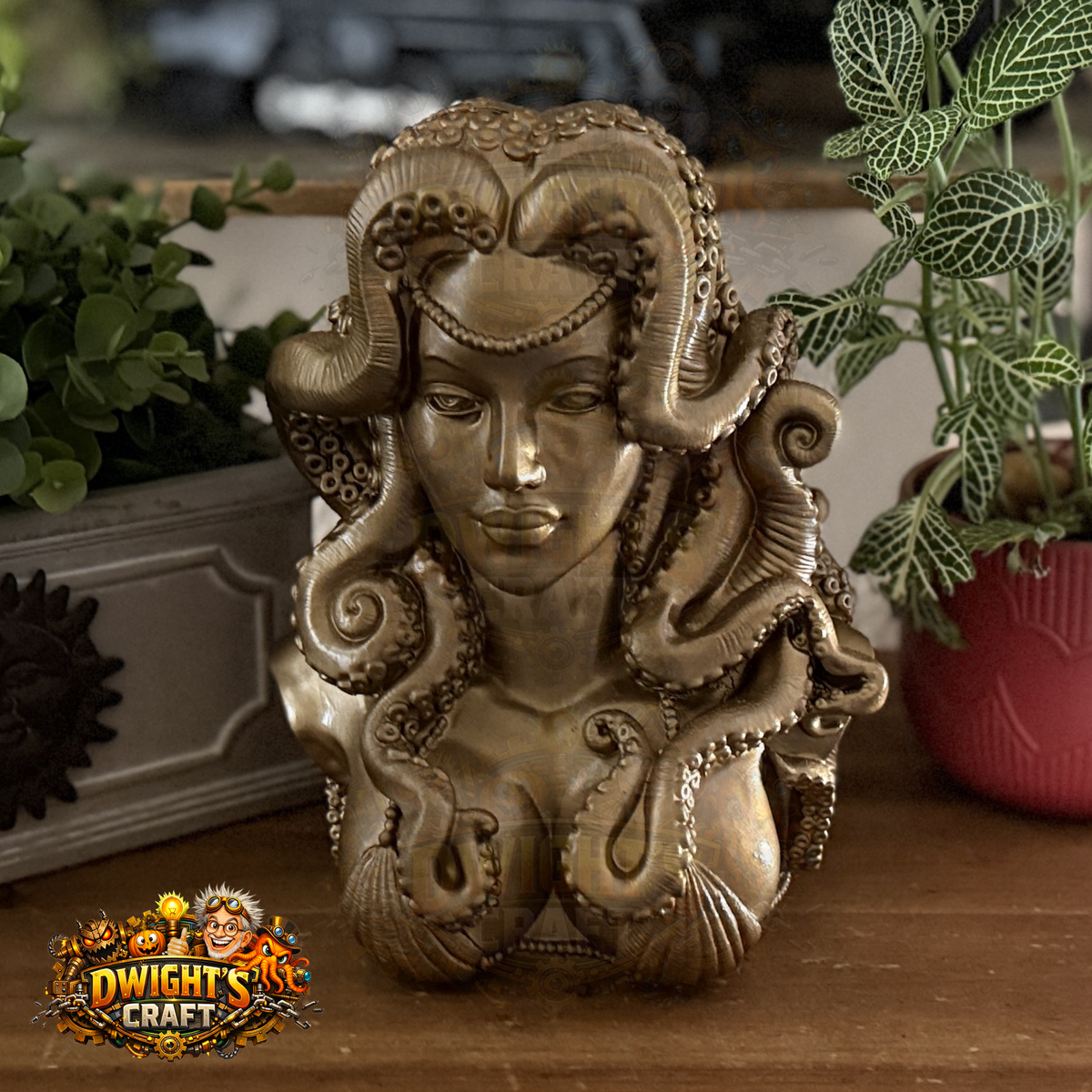  bronze-finished fantasy bust sculpture of a female
