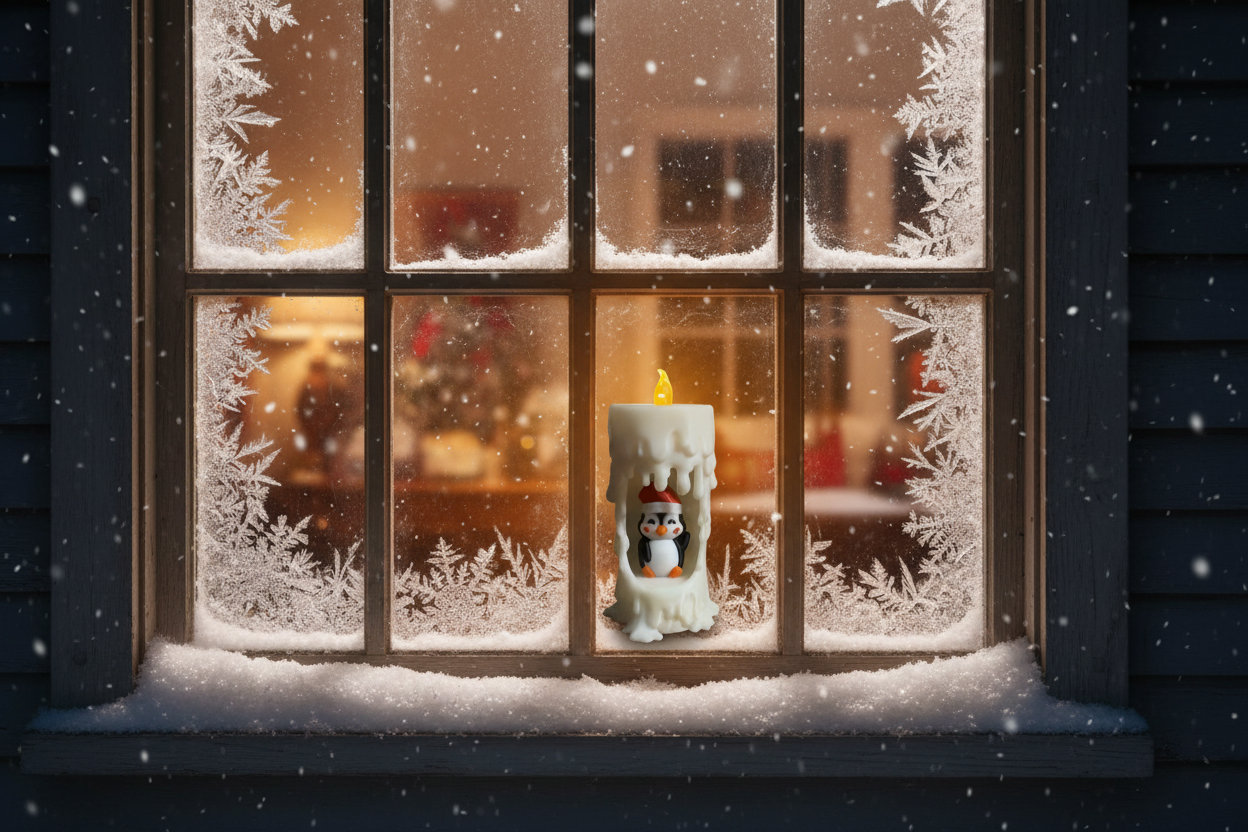 Penguin Candle Holiday Window Scene
