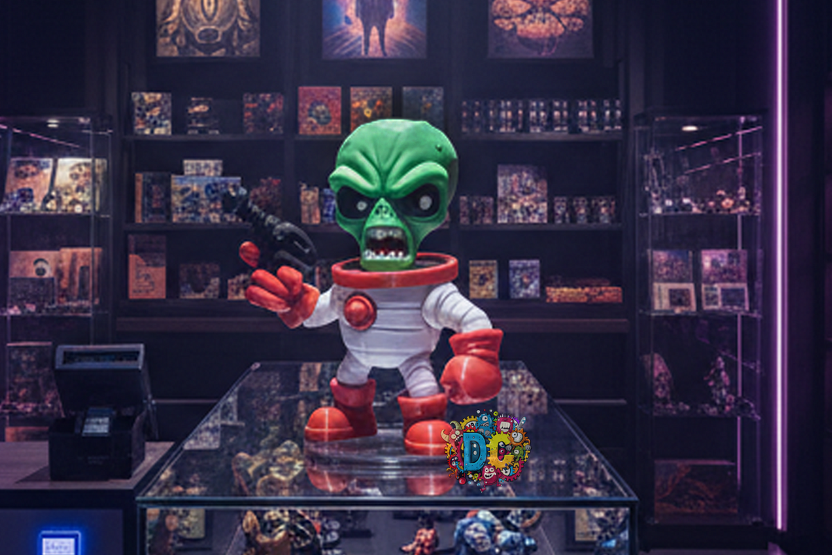 Toy figure of a green alien in an astronaut suit on a glass table with a dark background.