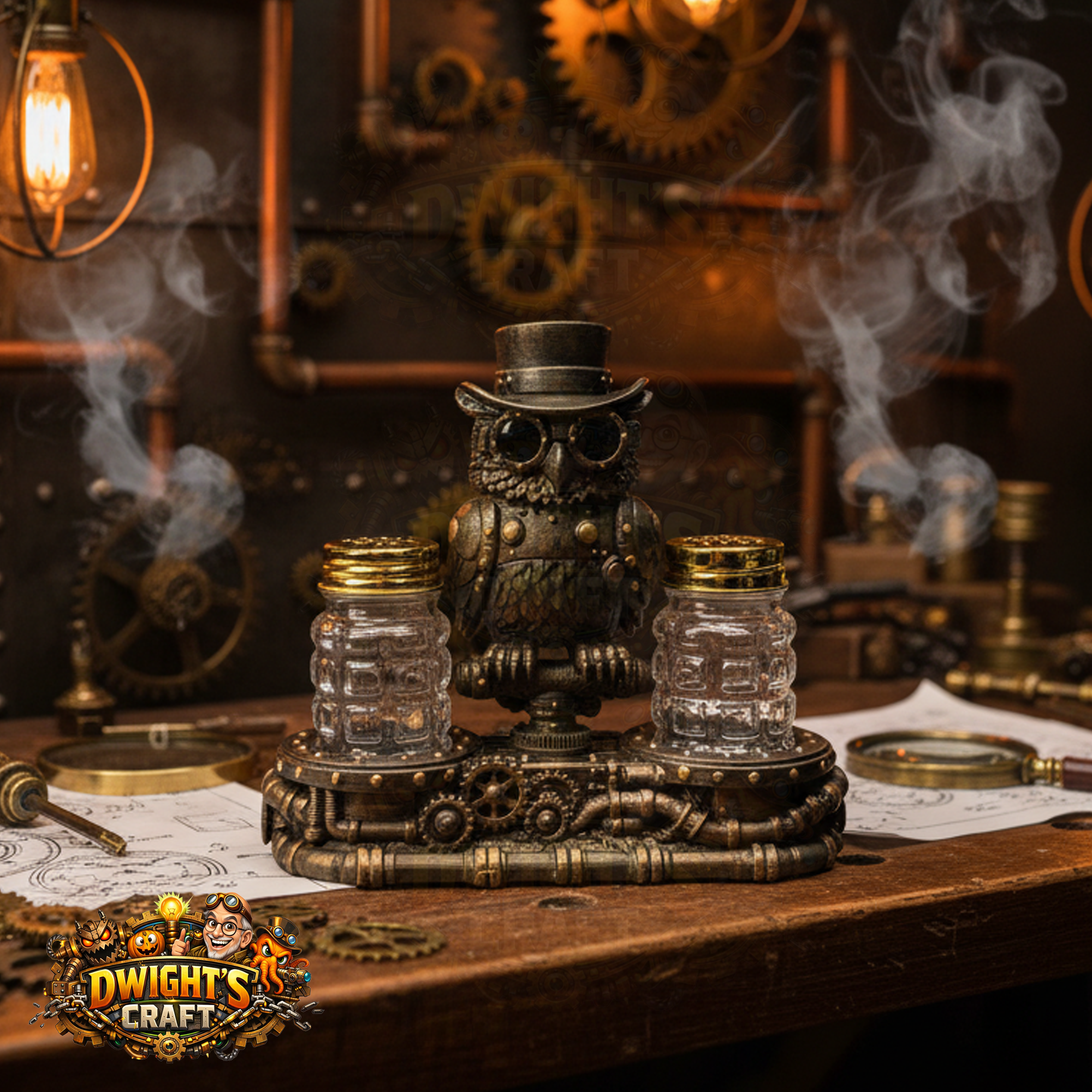 Steampunk-style owl desk lamp with two glass jars on a brass base, set on a wooden workbench with gears and pipes in the background. A 'Dwight's Craft' logo appears in the lower left corner.