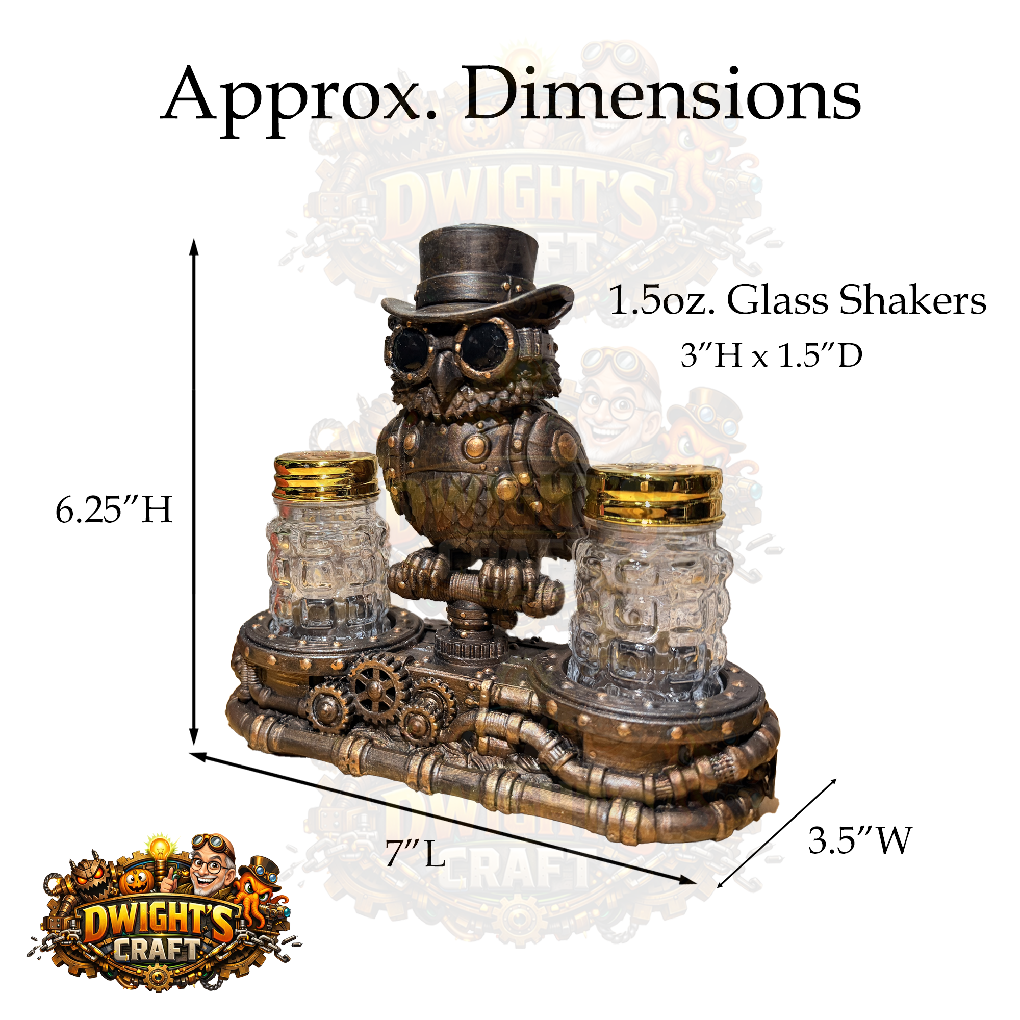 A steampunk-style owl desk accessory with two glass shakers on a metal base, overlaid with dimension lines and text reading 'Approx. Dimensions' and '1.