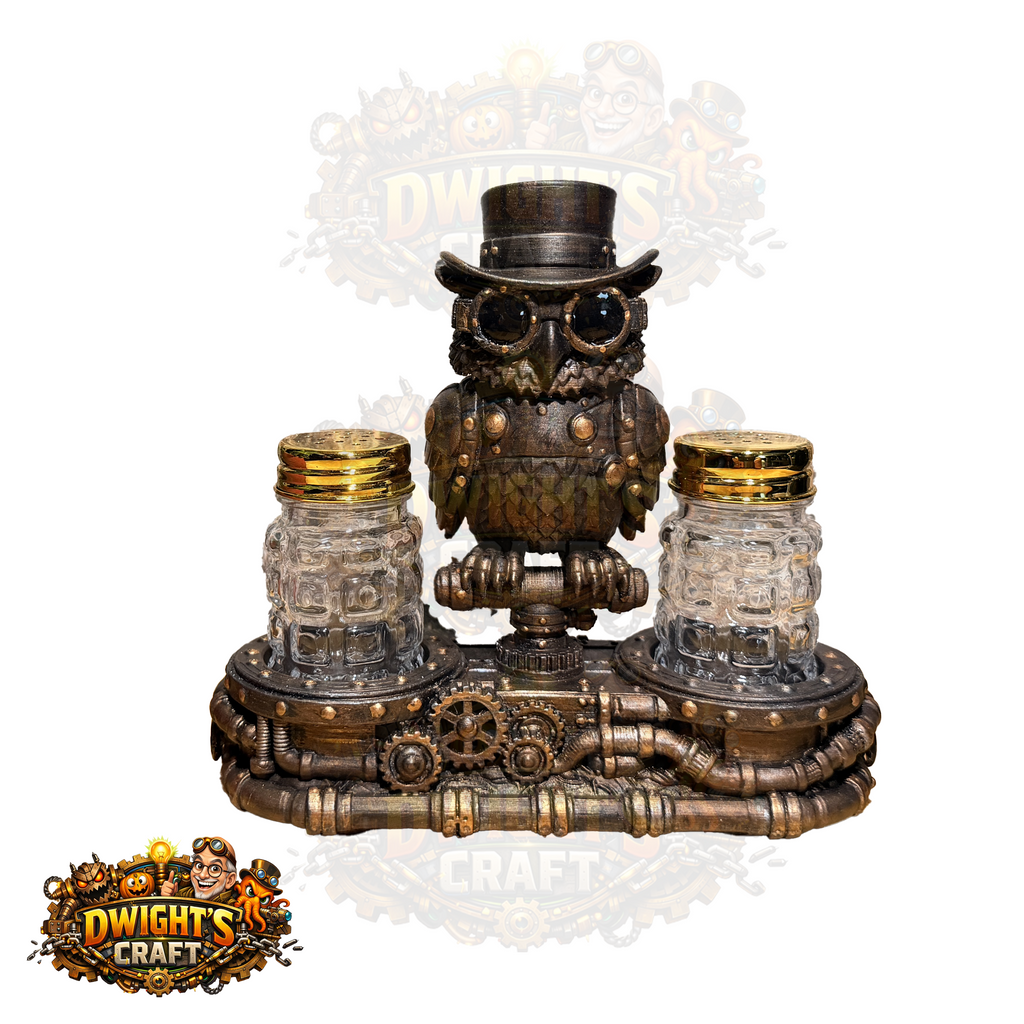 Steampunk-themed owl desk lamp and dual jar holder from Dwight's Craft, featuring a metallic owl in a top hat with two clear glass jars on a detailed metal base, shown on a white background with brand logos.