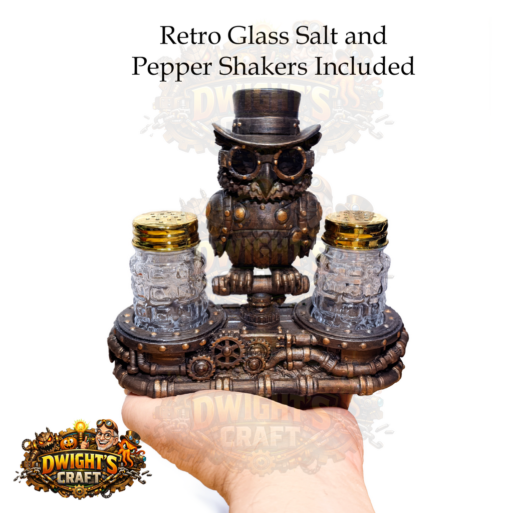 Steampunk-style owl salt and pepper shakers on a metal base, held in a hand against a white background with text reading 'Retro Glass Salt and Pepper Shakers Included' and a 'Dwight's Craft' logo.