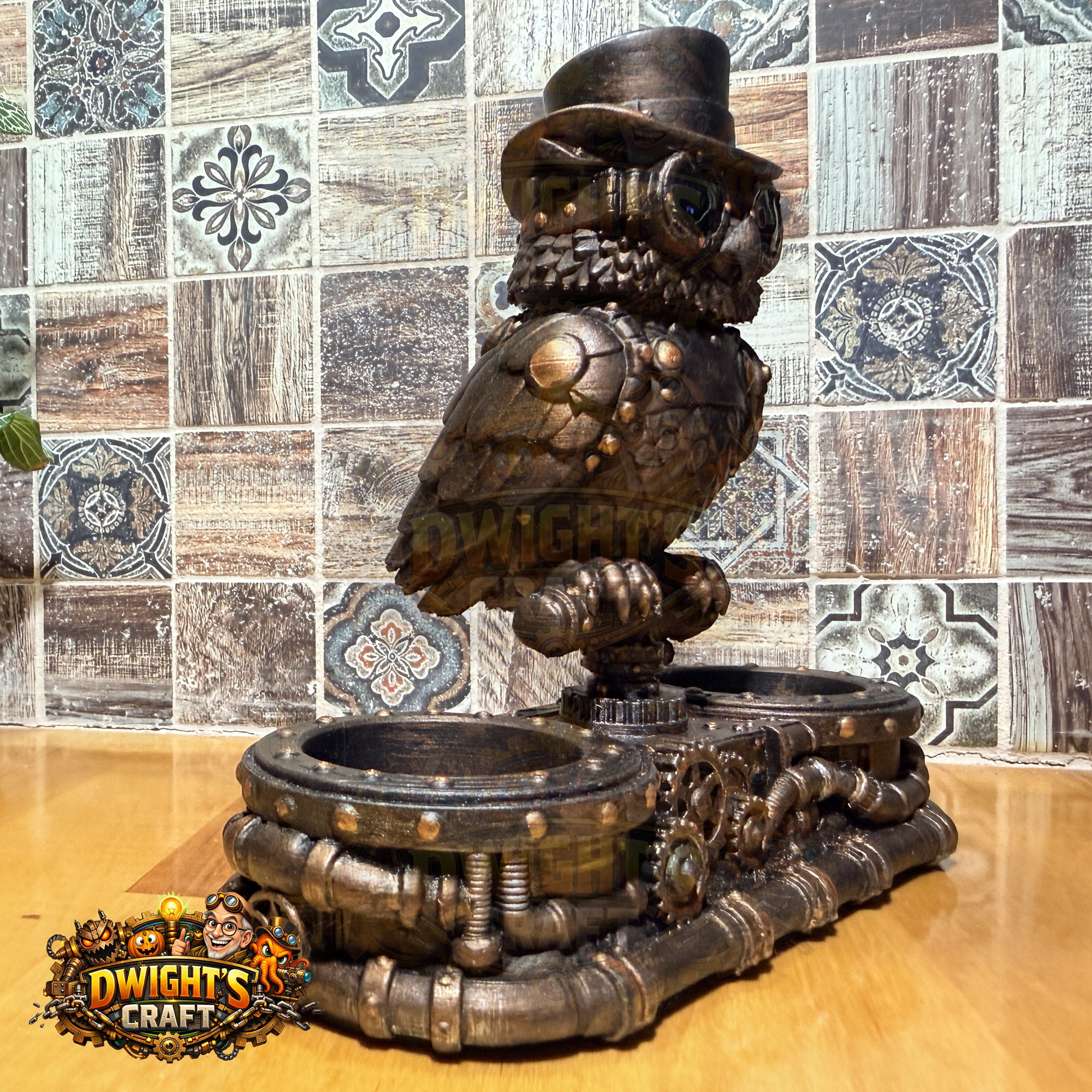 Steampunk owl figurine in a dark metallic bronze finish, wearing a top hat and goggles, perched on a gear-driven base with two cup holders. The figurine is displayed on a wooden surface against a tiled wall, with a 'Dwight's Craft' logo in the bottom-left corner.